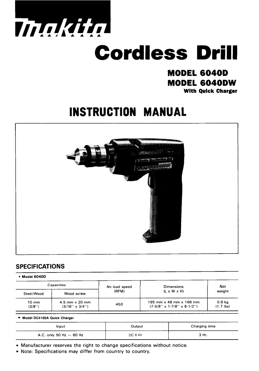 Makita 6040DW instruction manual Cordless Drill 