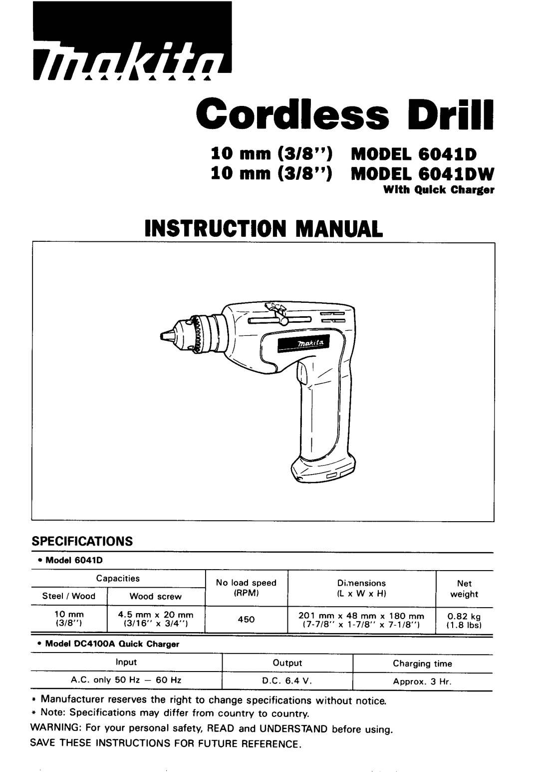 Makita 6041DW specifications Cordless Drill 