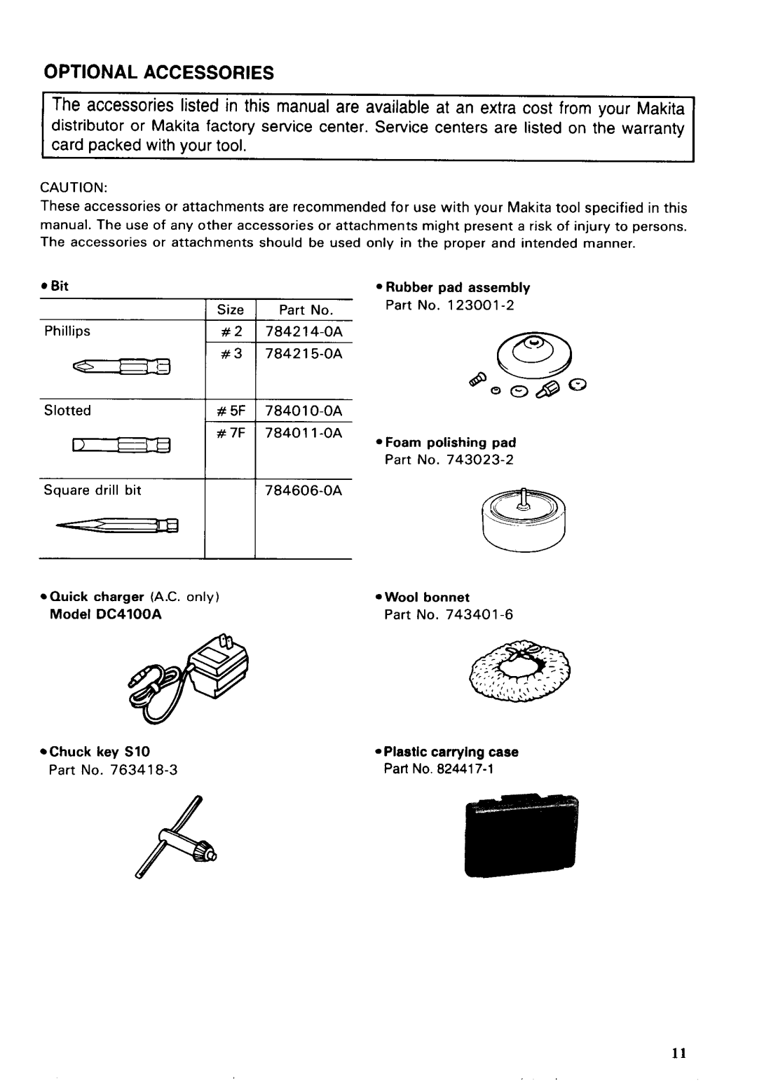 Makita 6041DW specifications Optional Accessories 