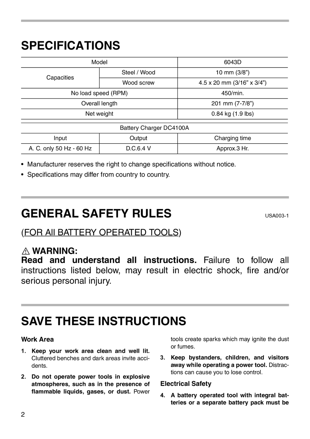 Makita 6043D instruction manual Work Area, Electrical Safety 