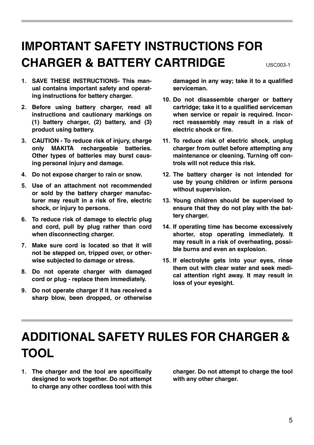 Makita 6043D instruction manual Additional Safety Rules for Charger Tool 