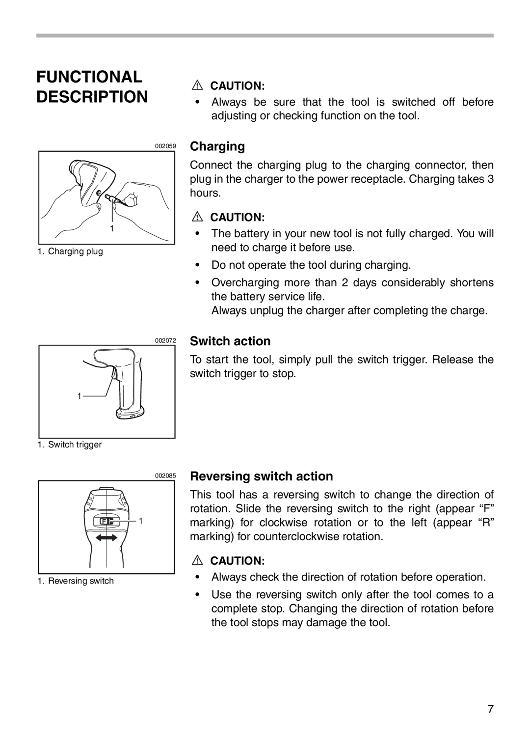 Makita 6043D instruction manual Functional Description, Charging, Switch action, Reversing switch action 