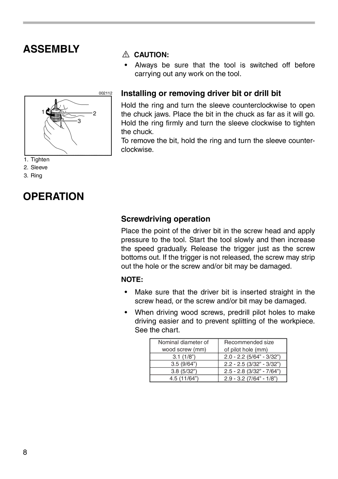 Makita 6043D instruction manual Assembly, Operation, Installing or removing driver bit or drill bit, Screwdriving operation 