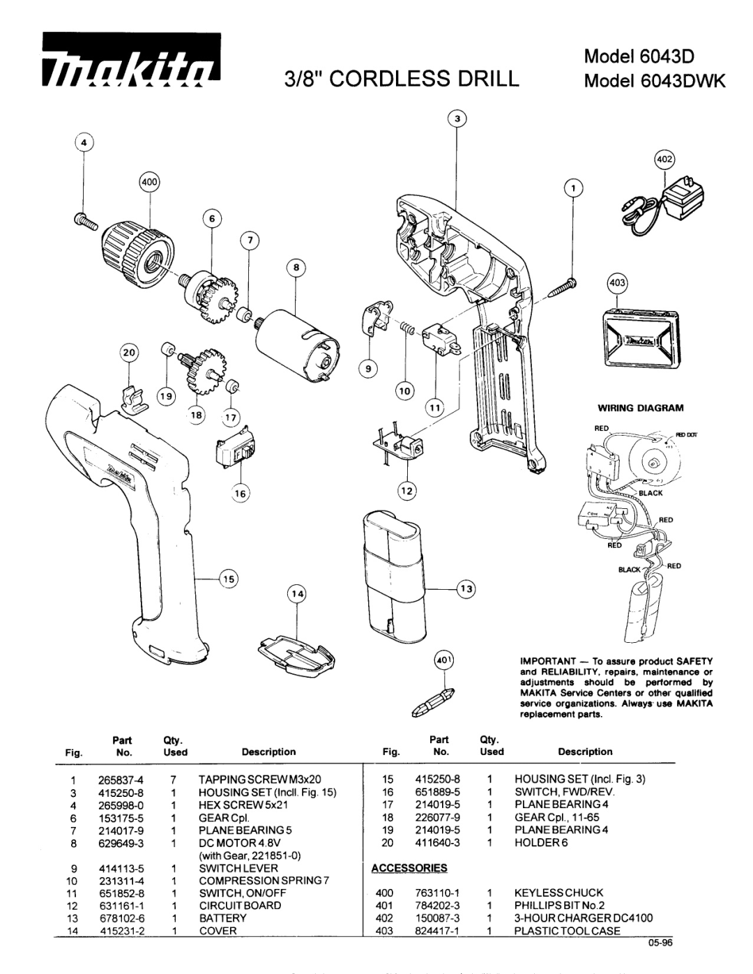 Makita manual 93/8CORDLESS Drill, Model 6043DWK, Part, Accessories 