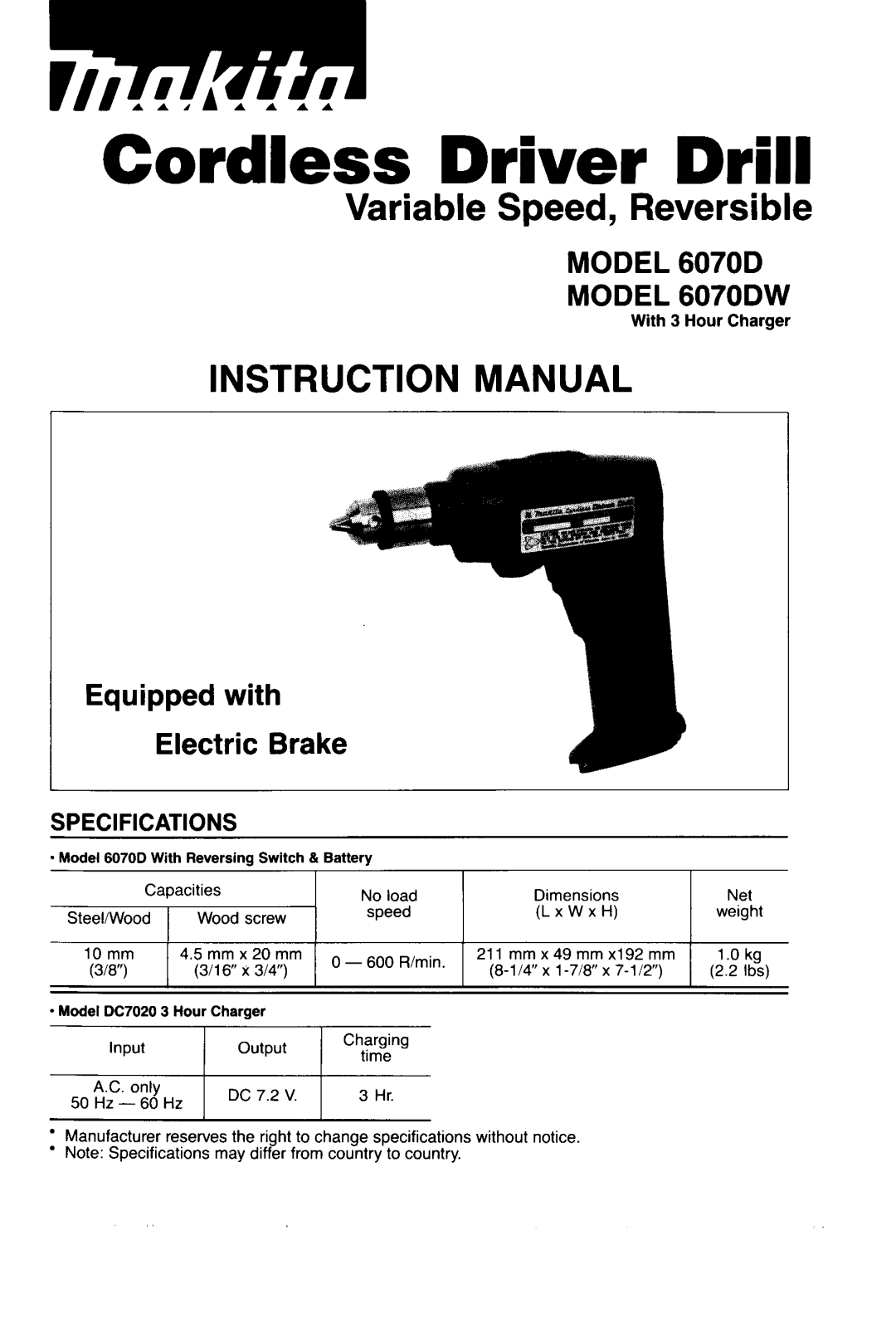 Makita 6070DW instruction manual Cordless Driver Drill 