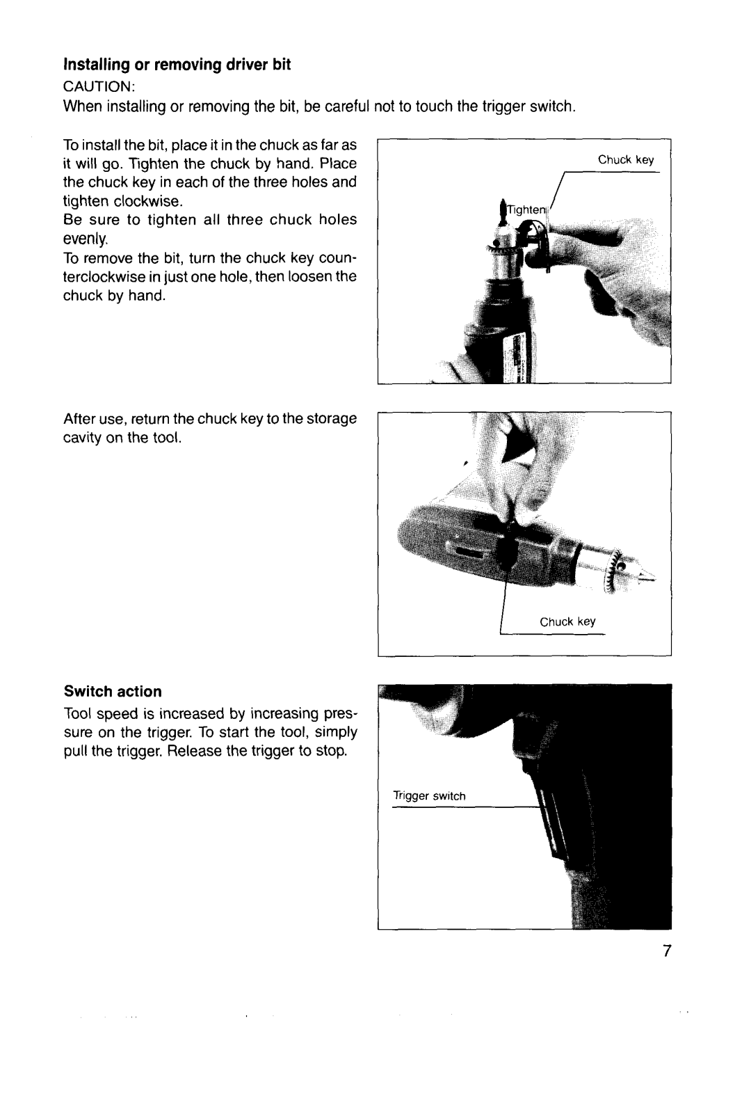 Makita 6070DW instruction manual Installing or removing driver bit, Switch action 