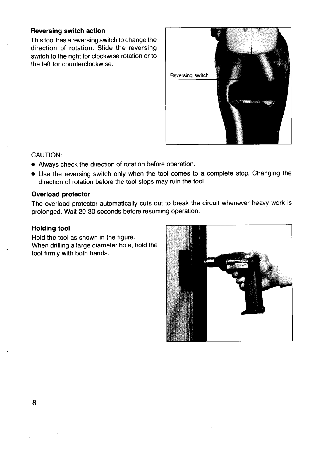 Makita 6070DW instruction manual Reversingswitch action, Overload protector, Holding tool 