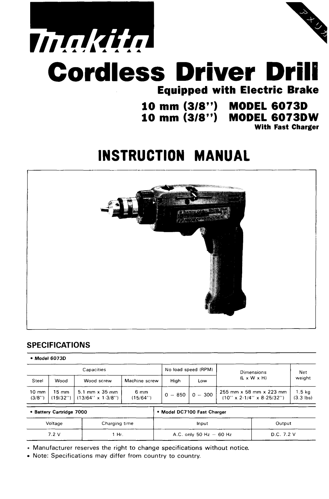 Makita 6073D and 6073DW instruction manual Cordless Driver Drill 