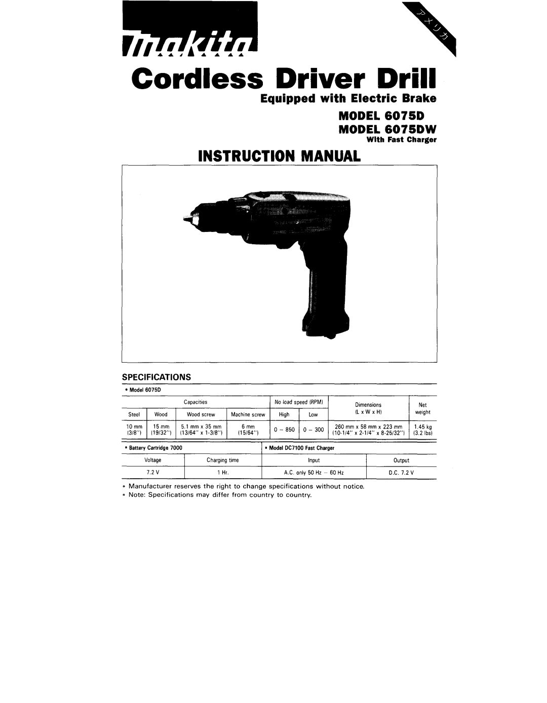 Makita 6075DW instruction manual Cordless Driver Drill, Model 6075D 