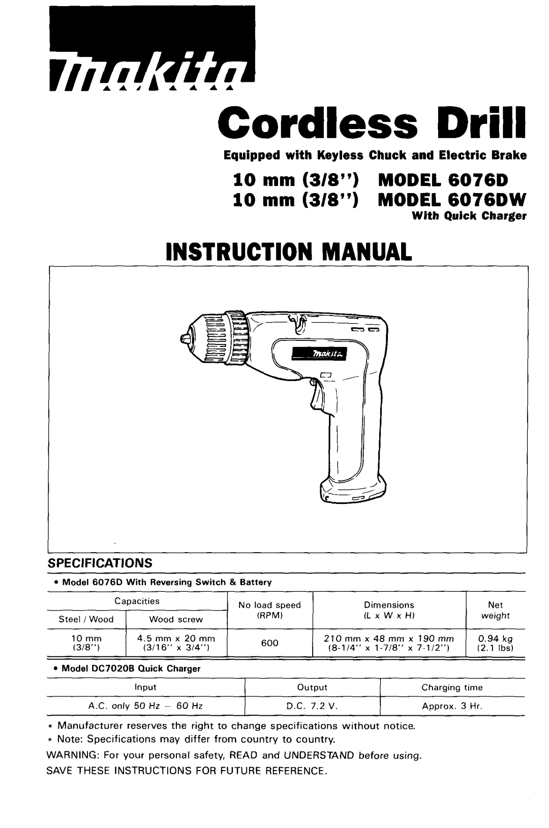 Makita 6076DW, 60761 specifications Cordless Drill 