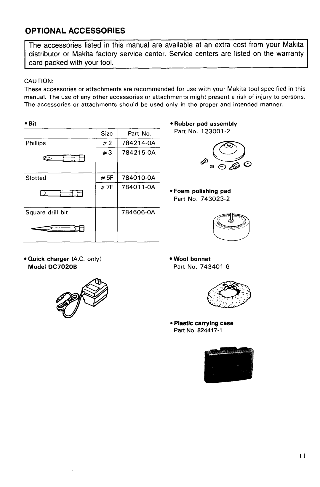 Makita 6076DW, 60761 specifications Optional Accessories 