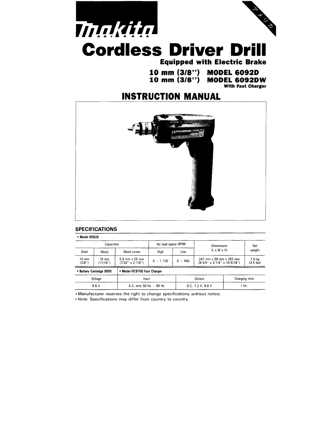 Makita 60921, 6092DW instruction manual Cordless Driver Drill 