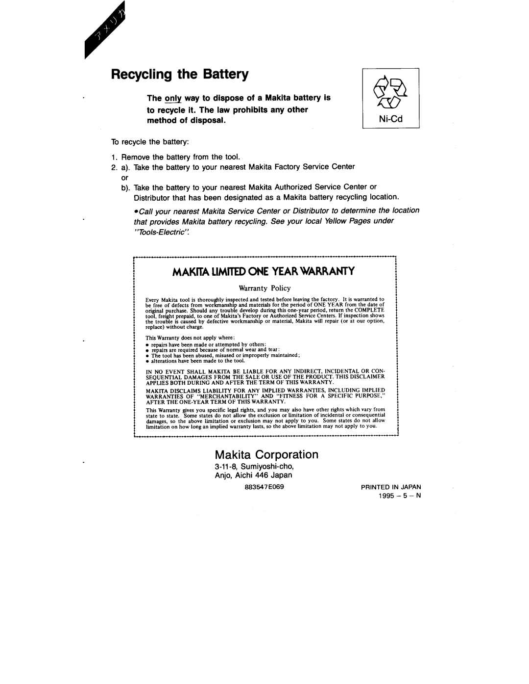 Makita 60921, 6092DW instruction manual Recycling the Battery 