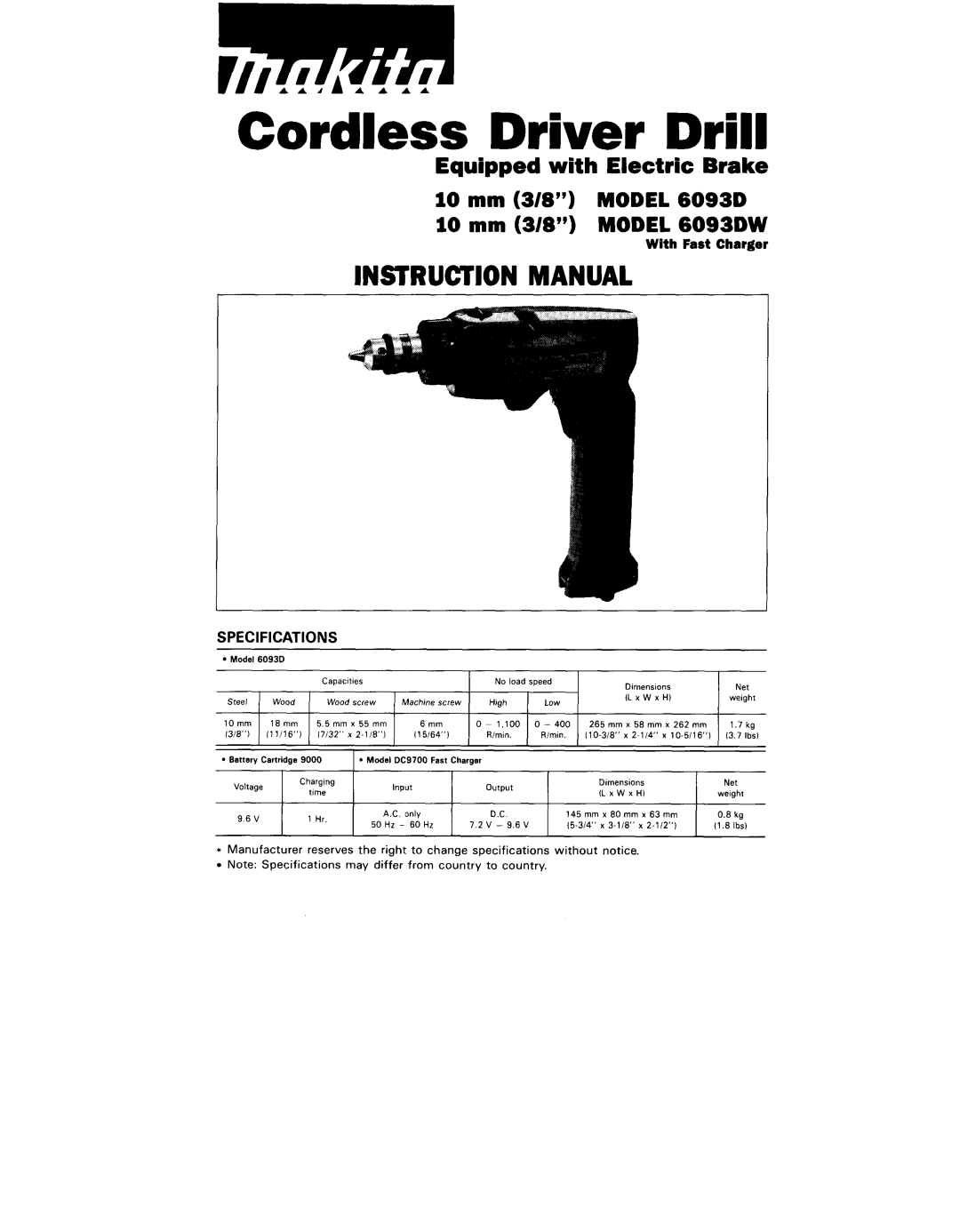 Makita 6093DW instruction manual Cordless Driver Drill 