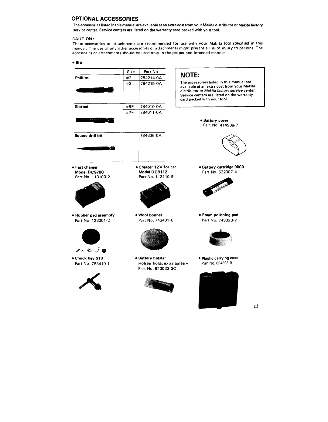 Makita 6093DW instruction manual Optional Accessories 