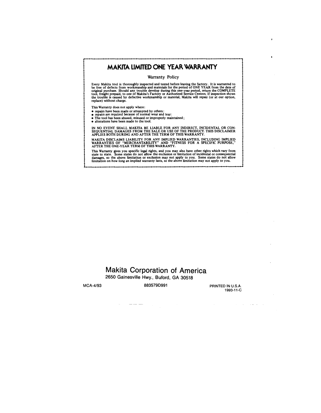 Makita 6093DW instruction manual Makita Corporation of America 