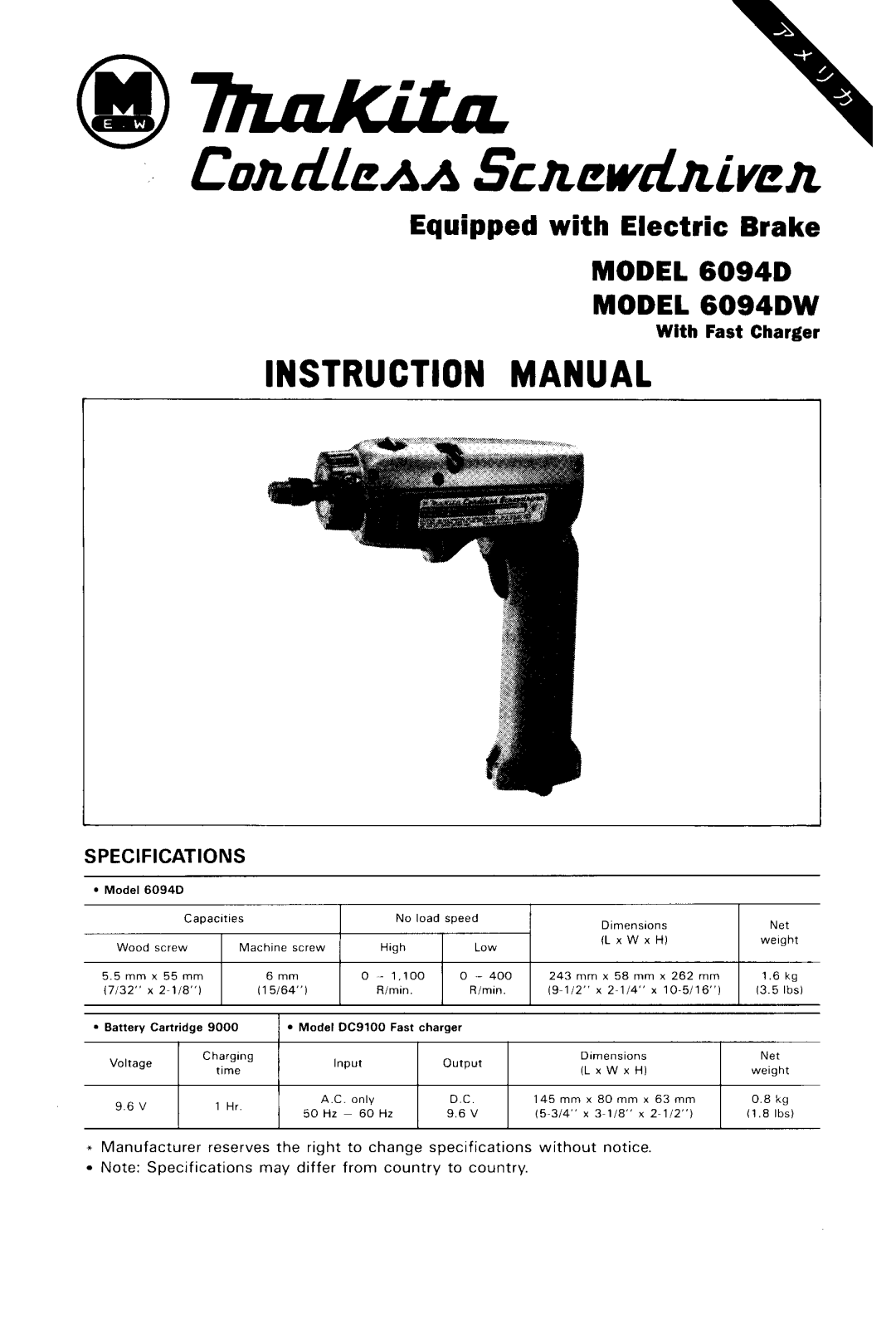 Makita instruction manual Model 6094D Model 6094DW 