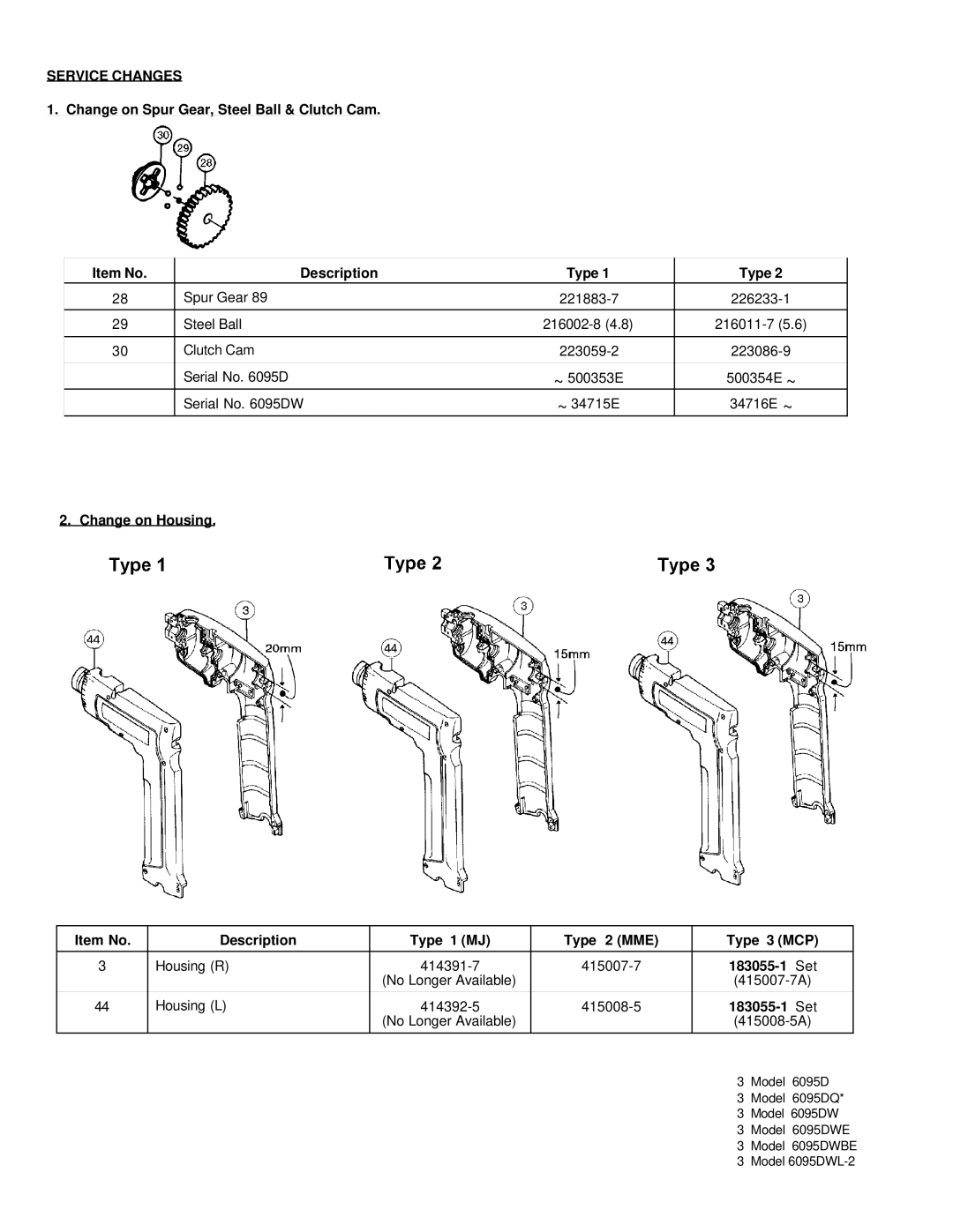 Makita 6095DWL-2, 6095DQ, 6095DWBE, 6095DWE manual Service Changes 