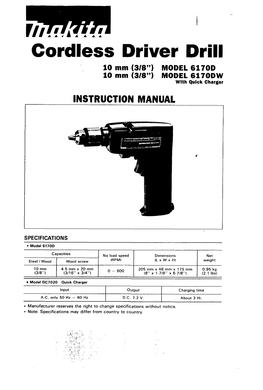 Makita 6170DW instruction manual Cordless Driver Drill 