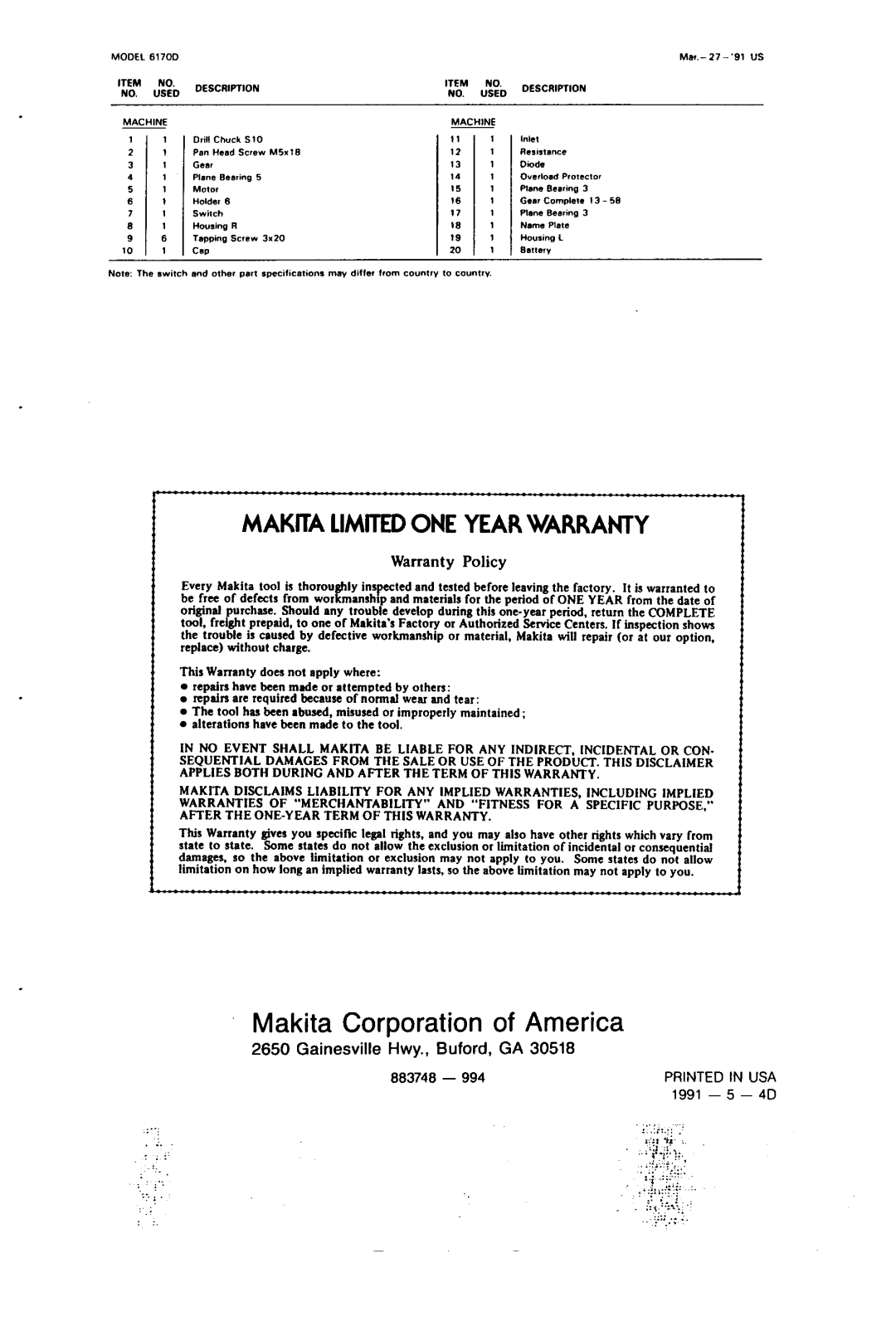 Makita 6170DW instruction manual Makita Corporation of America 