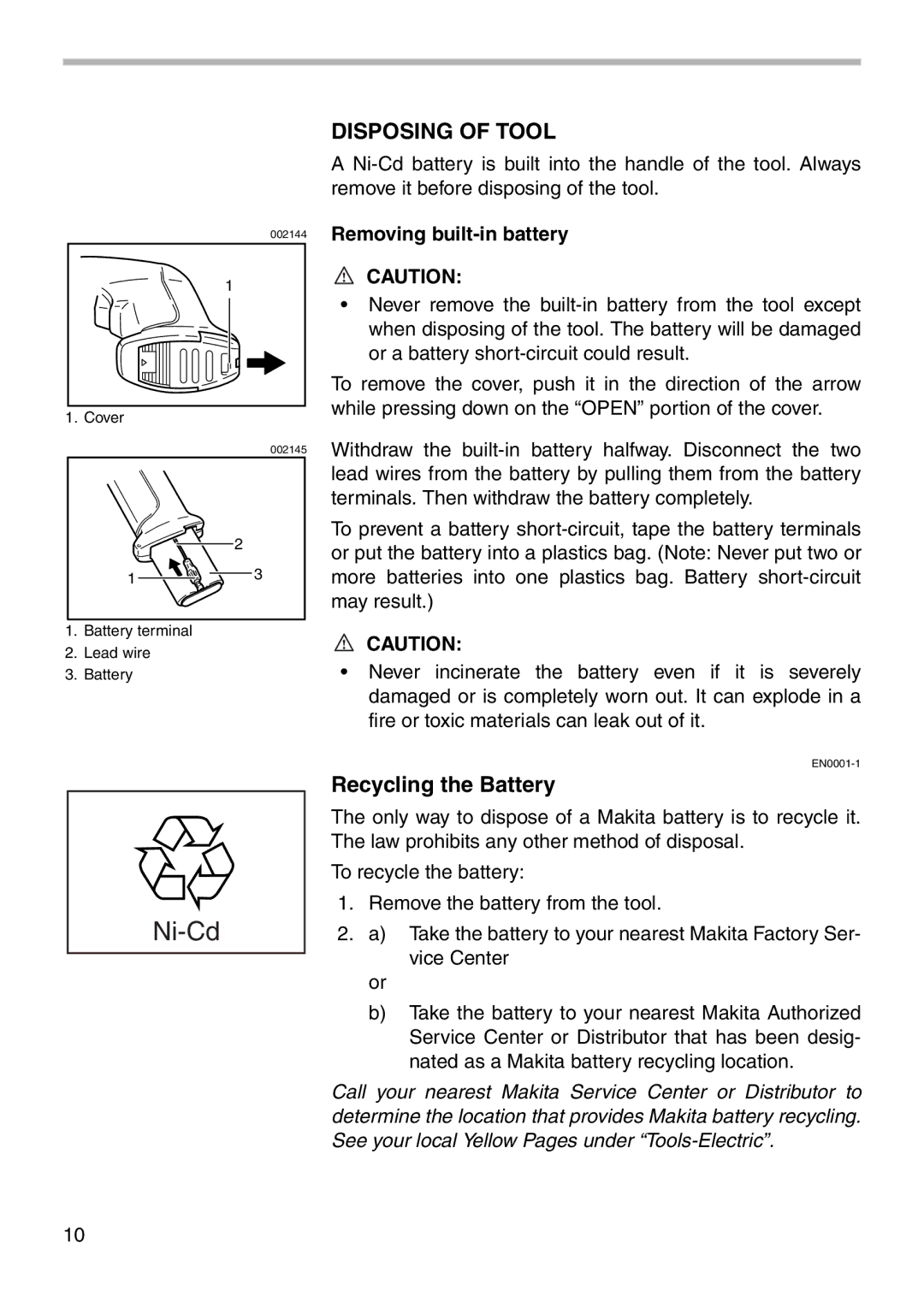 Makita 6176D instruction manual Recycling the Battery, Removing built-in battery 