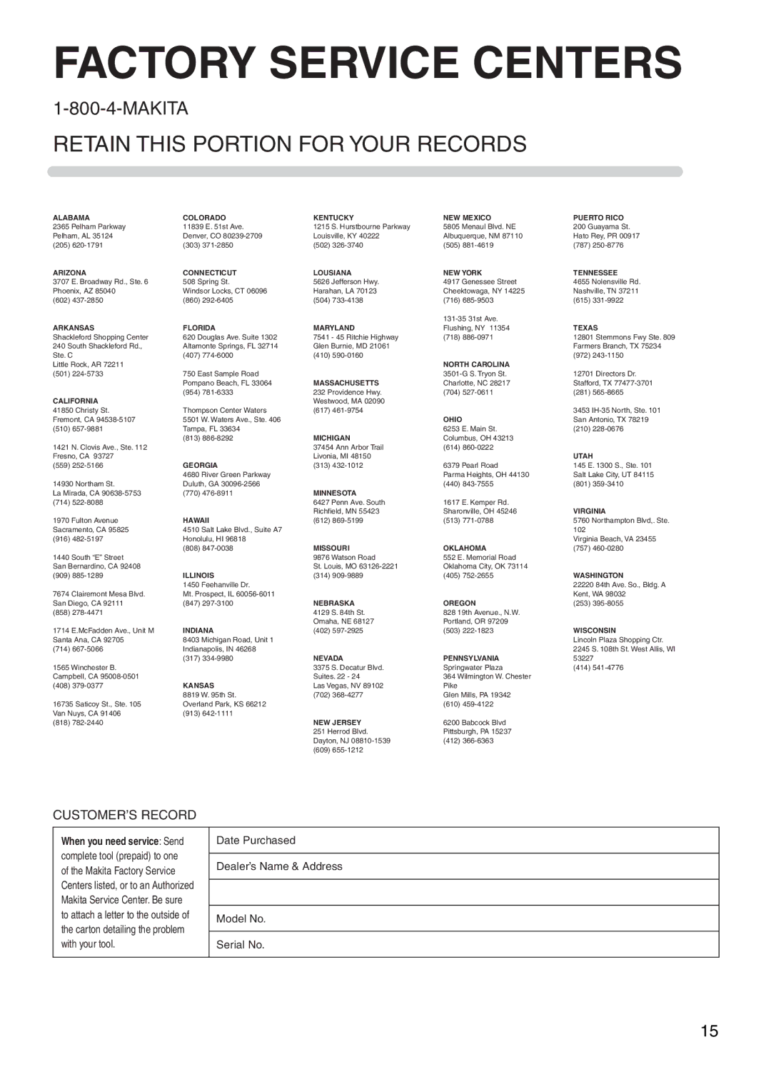 Makita 6176D instruction manual Factory Service Centers 