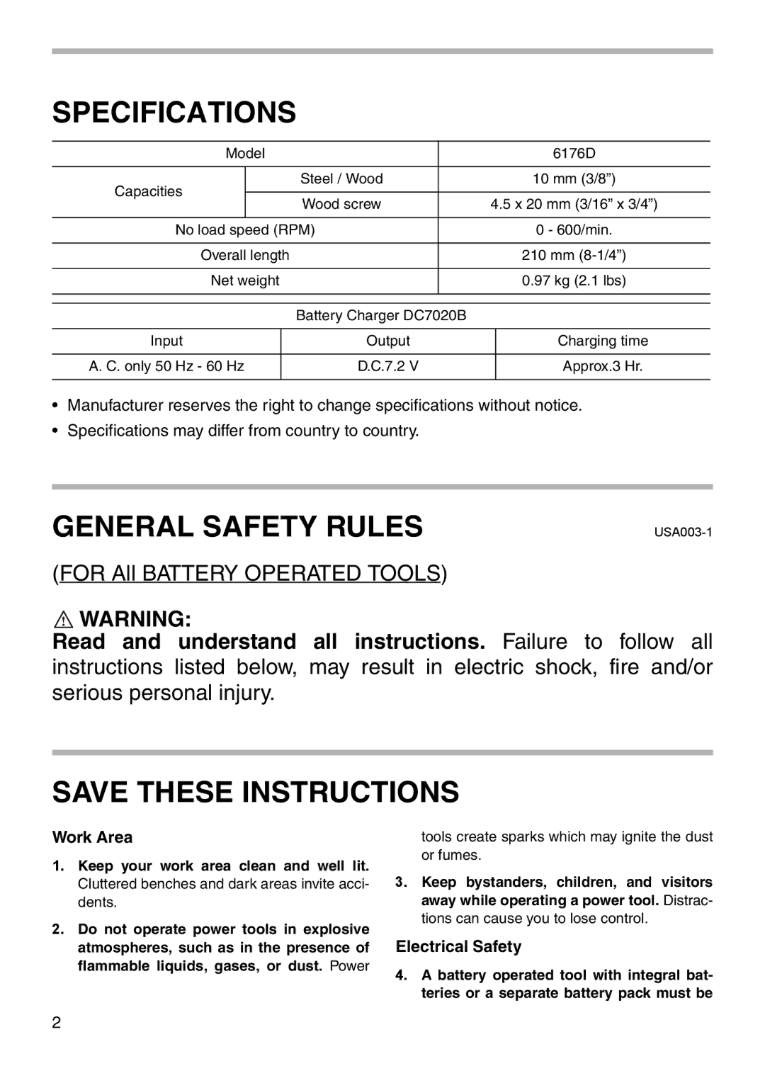 Makita 6176D instruction manual Work Area, Electrical Safety 