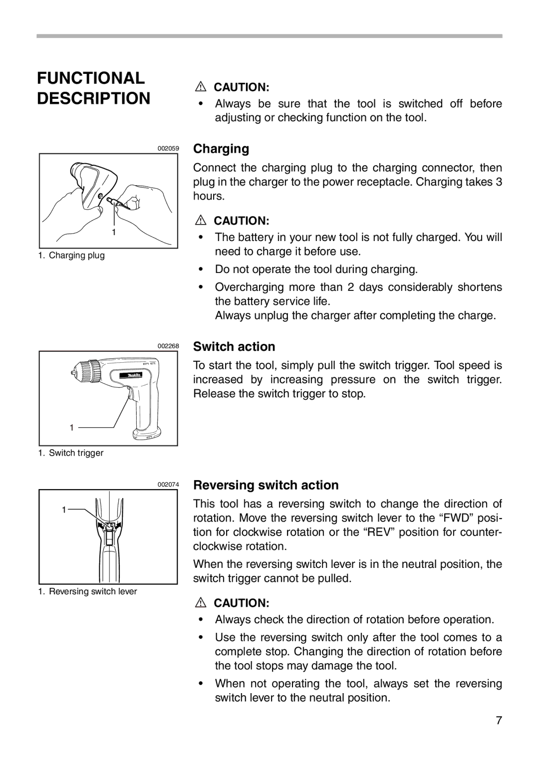 Makita 6176D instruction manual Functional Description, Charging, Switch action, Reversing switch action 