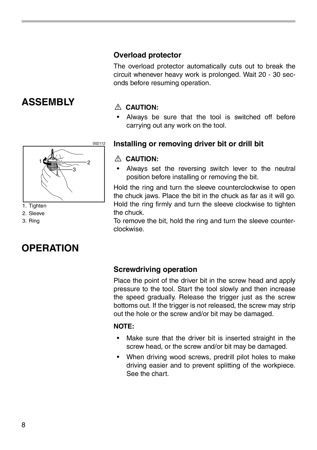 Makita 6176D instruction manual Assembly, Operation, Overload protector, Installing or removing driver bit or drill bit 