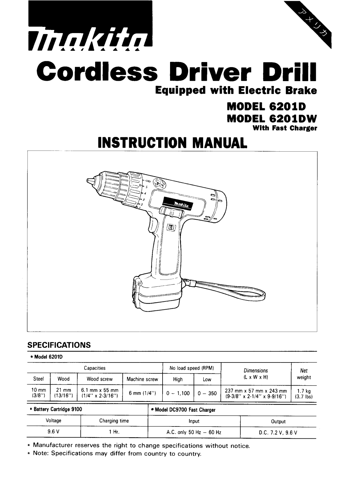 Makita 6201DW instruction manual Cordless Driver Drill 