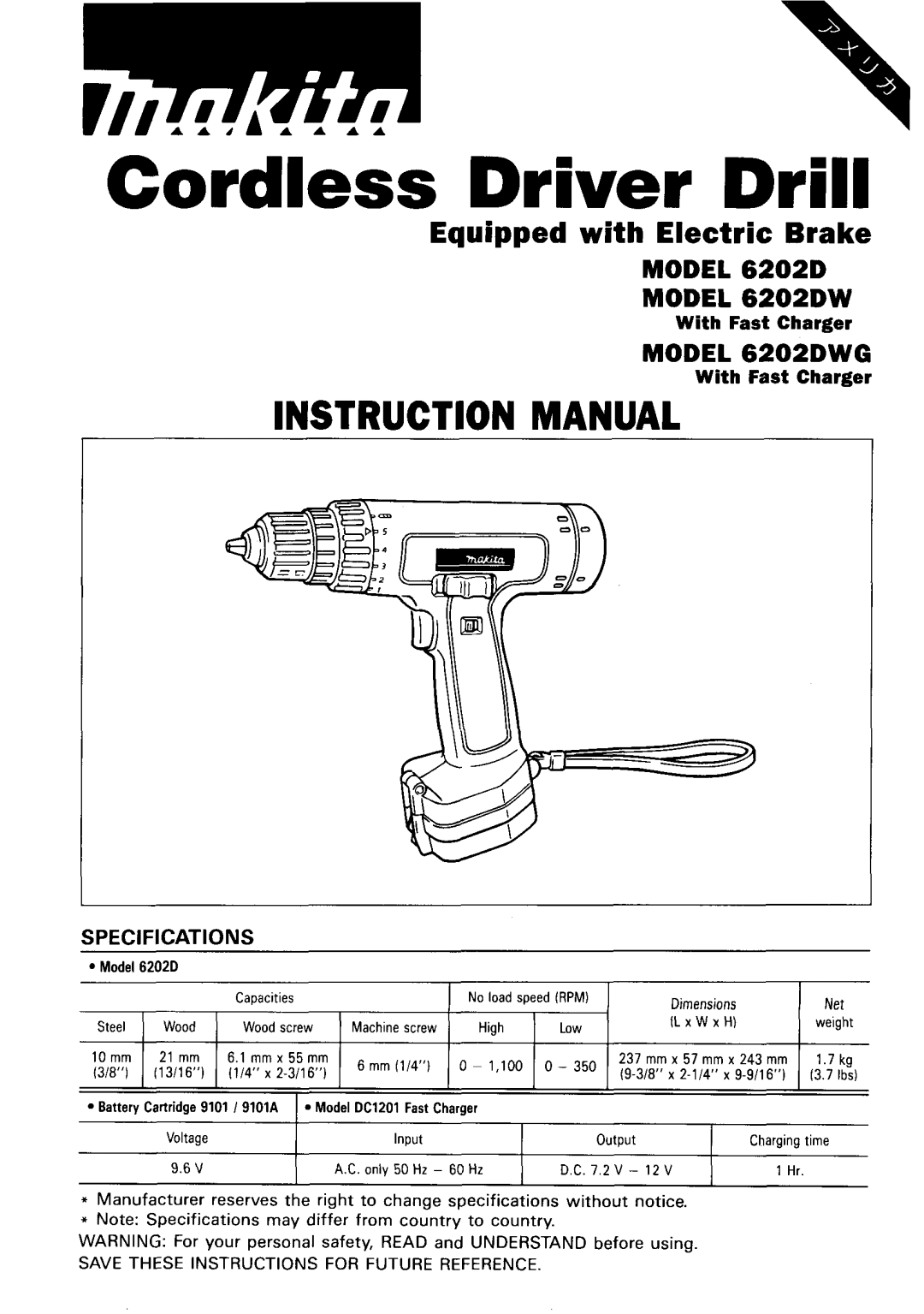 Makita 6202DW instruction manual Cordless Driver Drill 