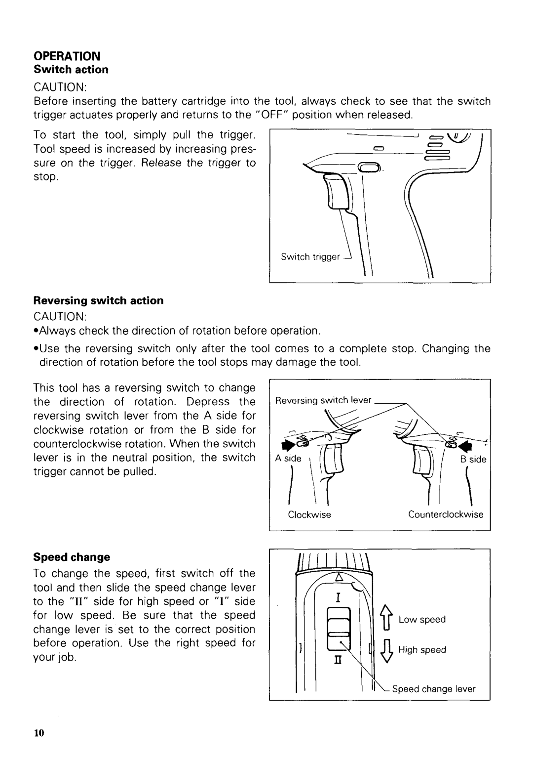 Makita 6203DWAE instruction manual OPERATION77, Switch action, Reversing switch action, Speed change 