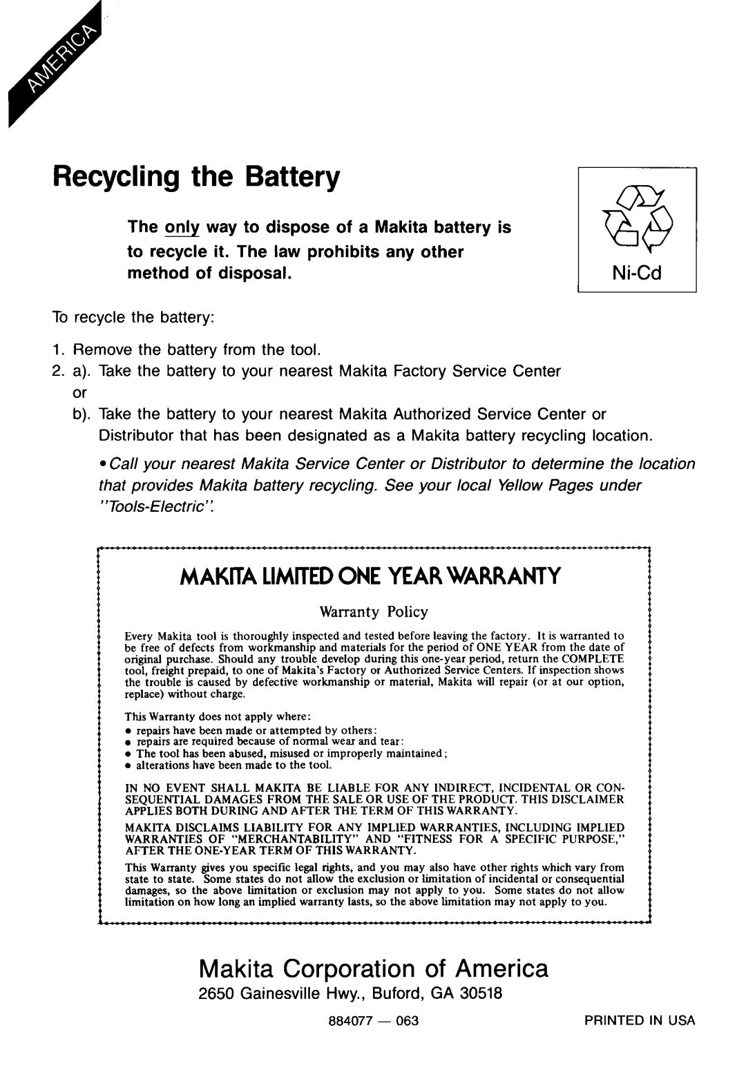 Makita 6203DWAE instruction manual Recycling the Battery 