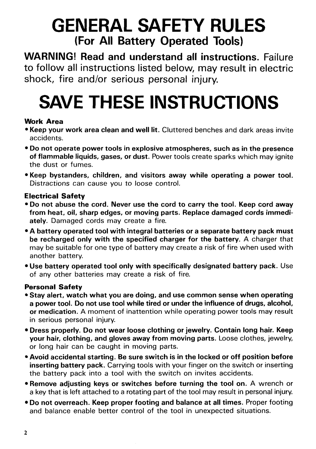 Makita 6203DWAE instruction manual Work Area, Electrical Safety, Personal Safety 