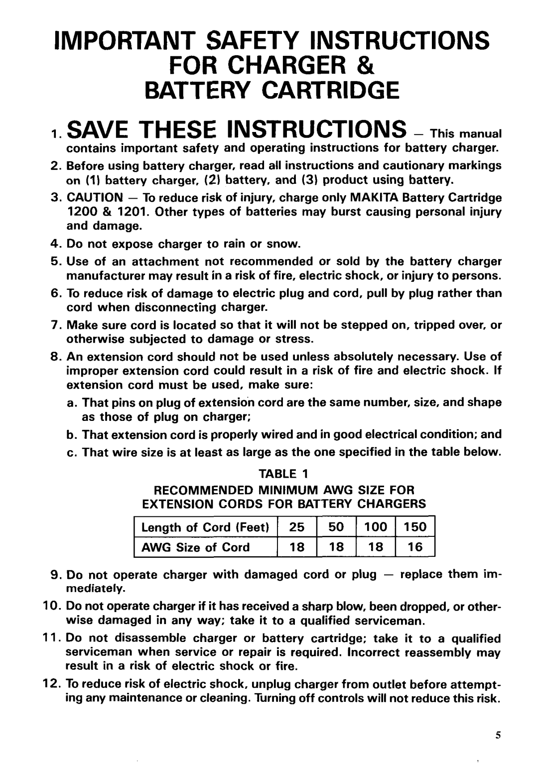 Makita 6212DWG BATTERY CARTRIDGE 1. SAVE THESE INSTRUCTIONS - This manual, Important Safety Instructions For Charger 