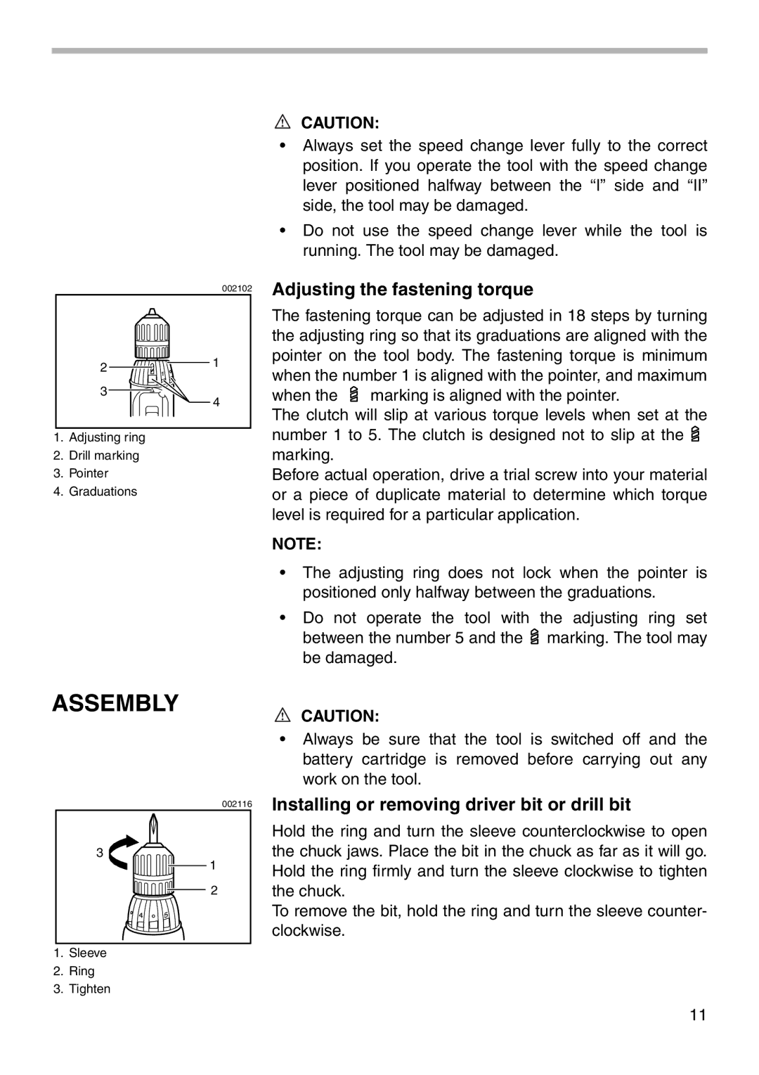 Makita 6213D instruction manual Assembly, Adjusting the fastening torque, Installing or removing driver bit or drill bit 