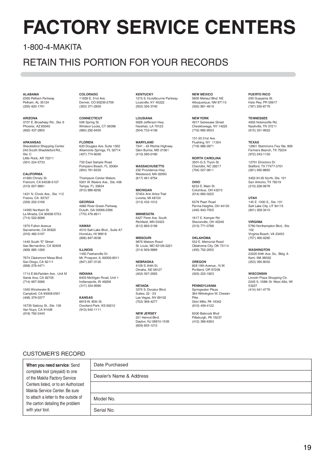 Makita 6213D instruction manual Factory Service Centers 