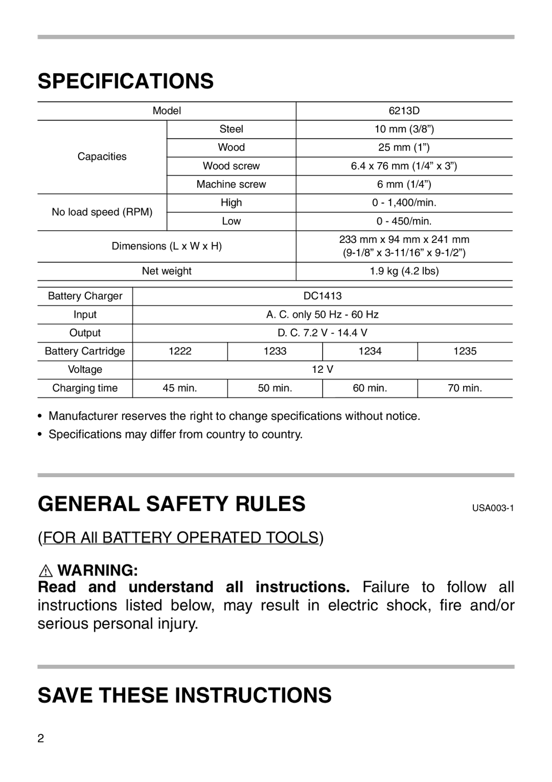 Makita 6213D instruction manual Specifications, General Safety Rules 