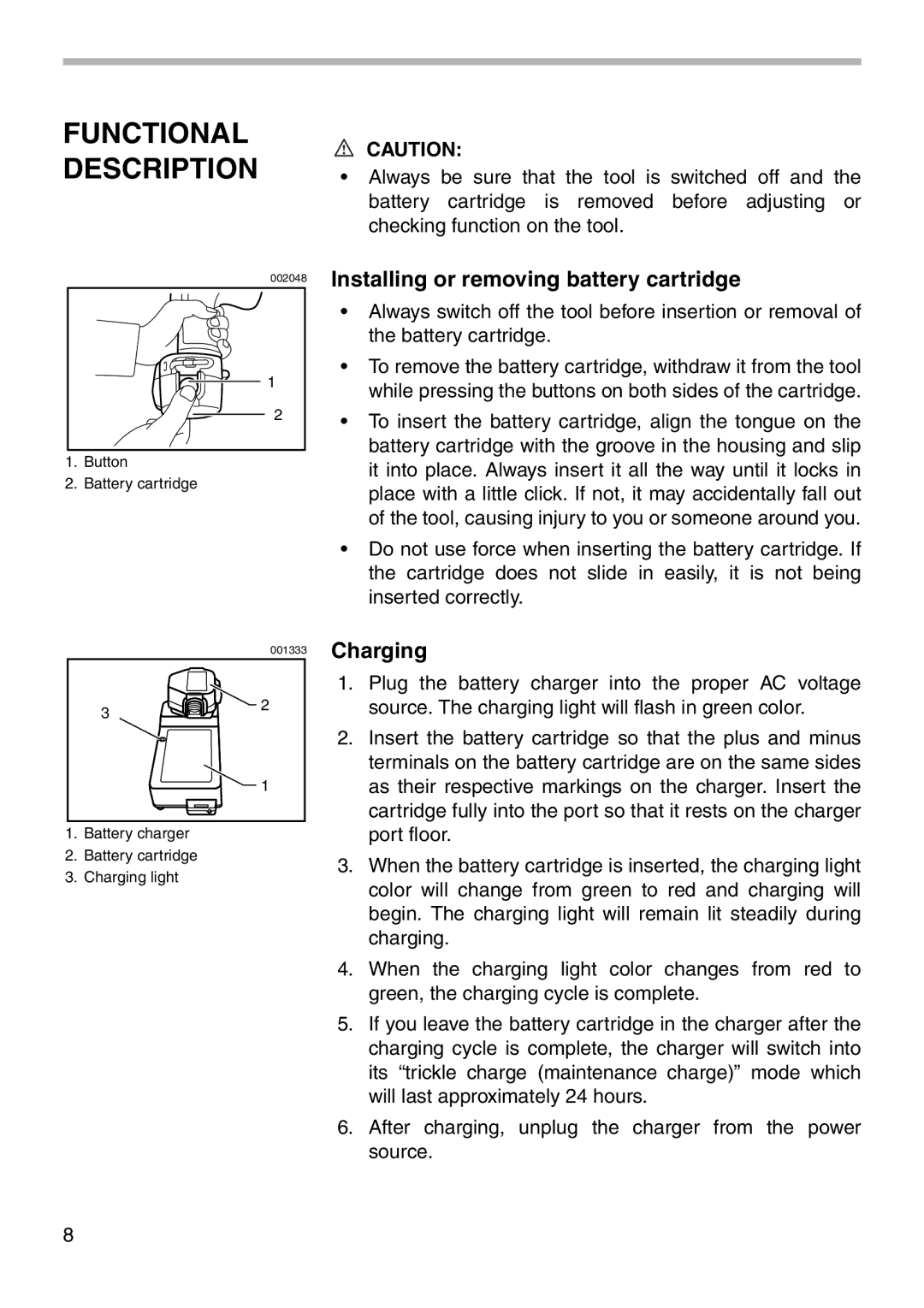 Makita 6213D instruction manual Functional Description, Installing or removing battery cartridge, Charging 