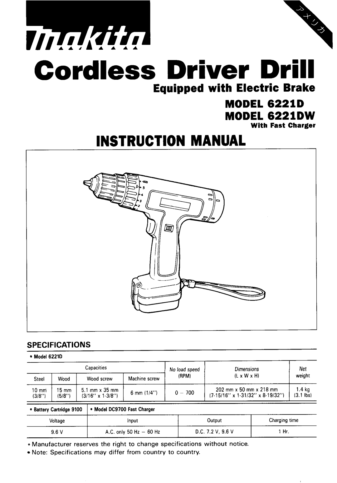 Makita 6221DW instruction manual Cordless Driver Drill 