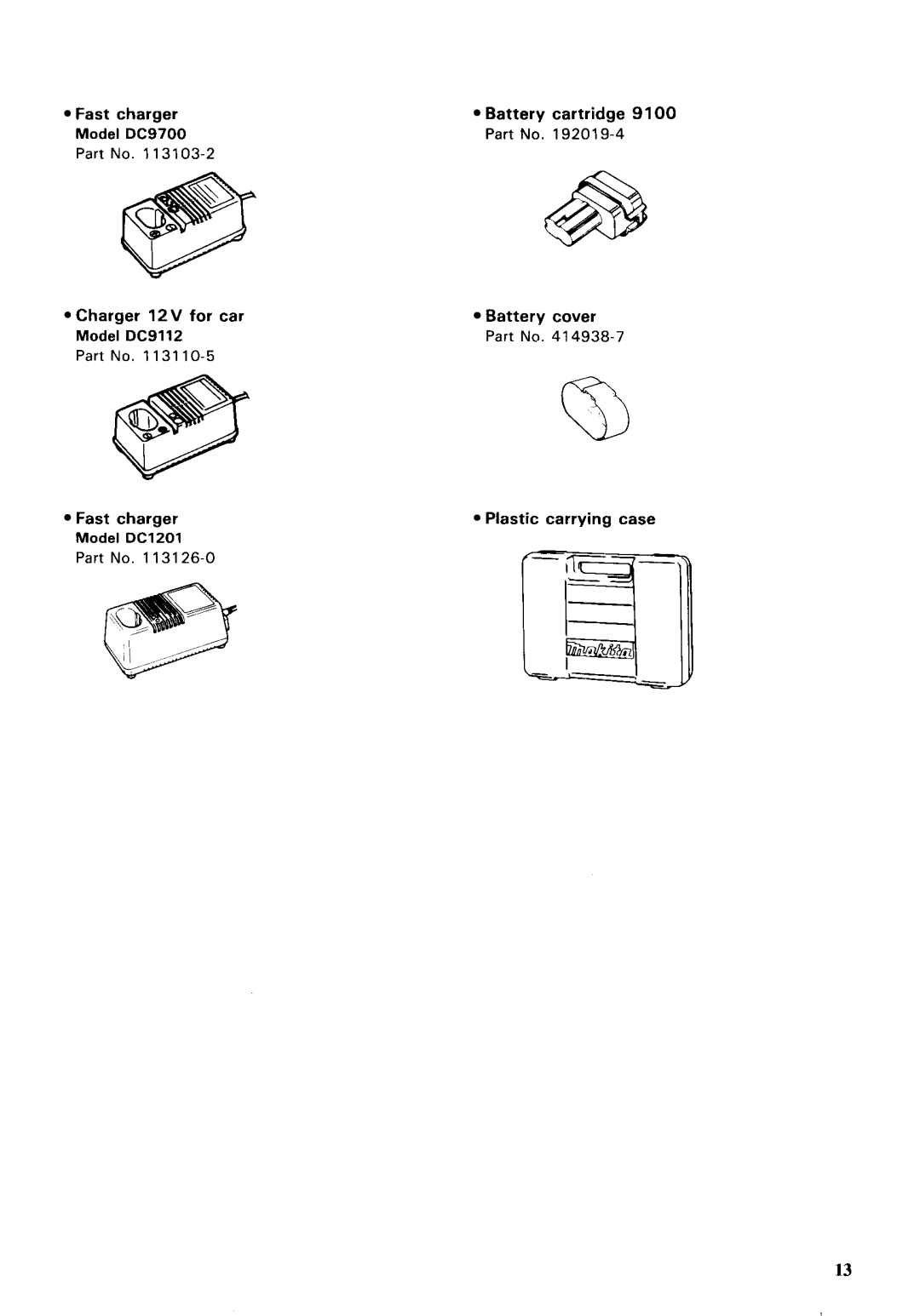 Makita 6221DW instruction manual Fast charger Plastic carrying case Model DC1201 