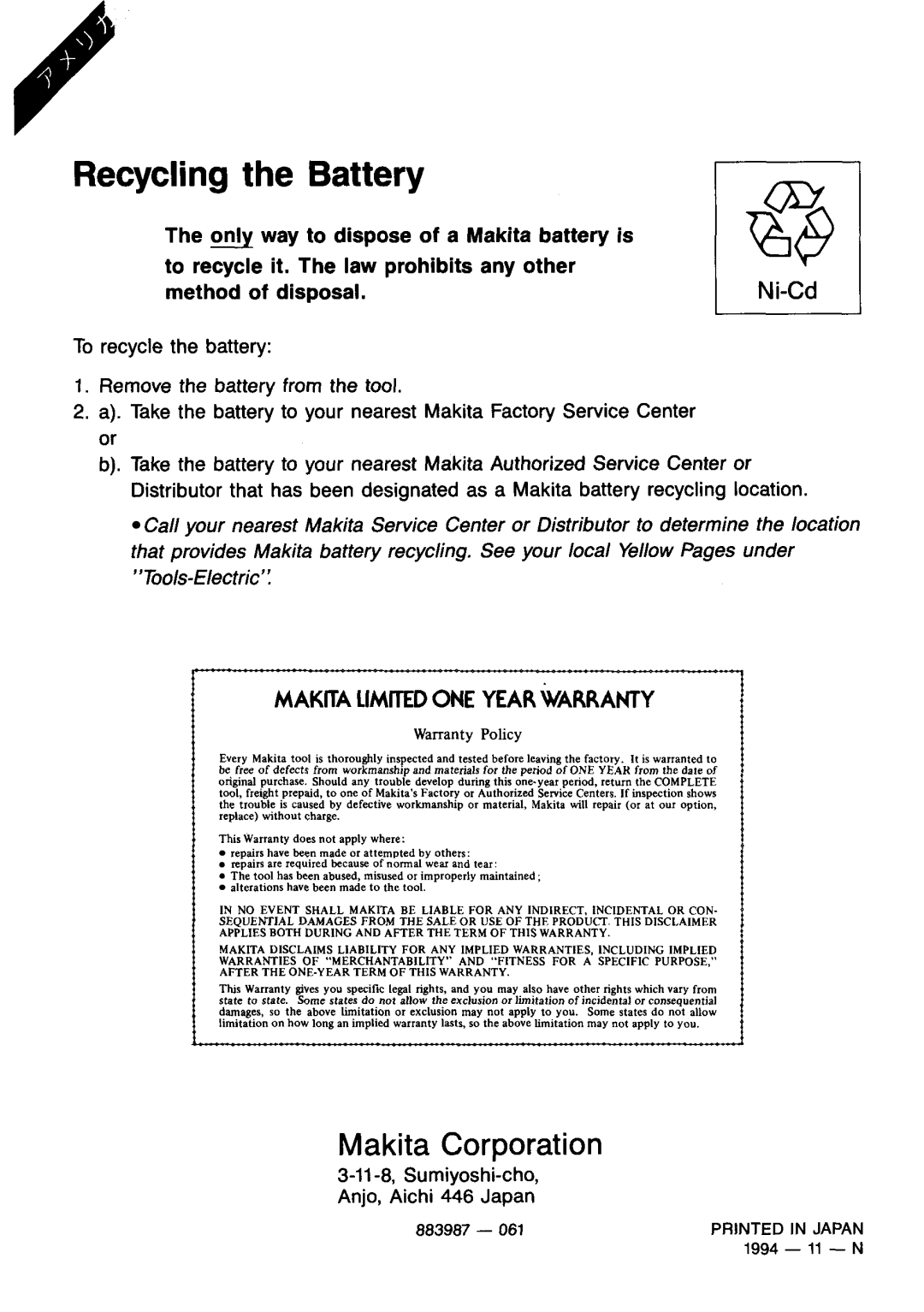 Makita 6221DW instruction manual Recycling the Battery 