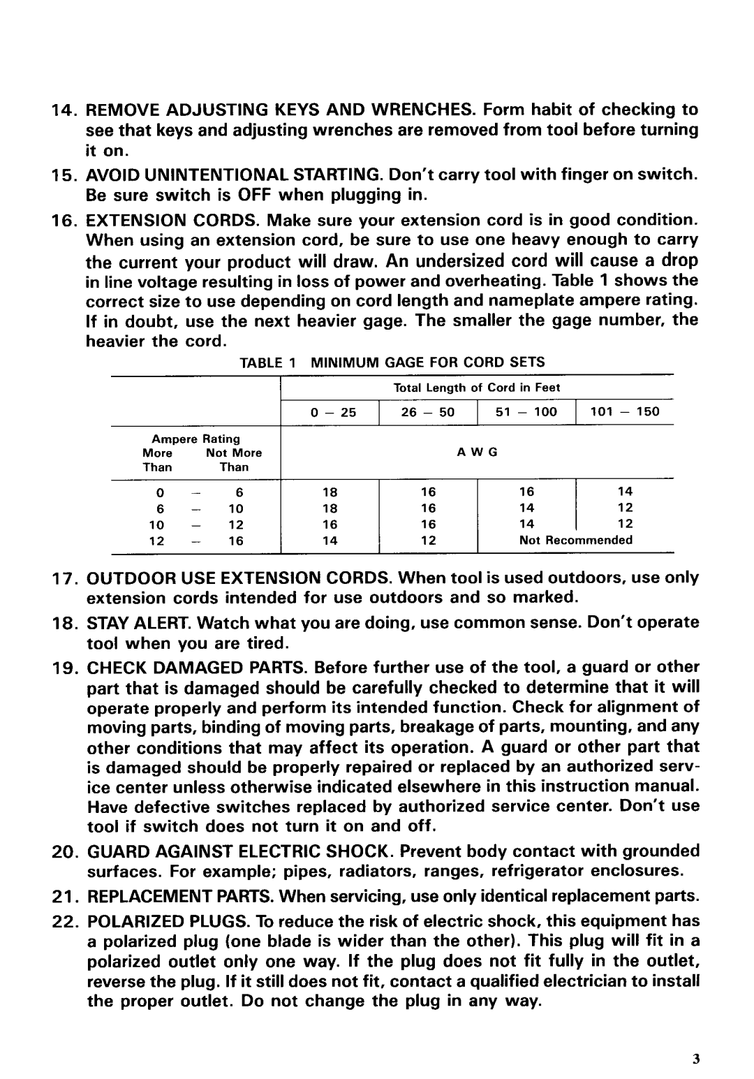 Makita 6222DE instruction manual Minimum Gage for Cord Sets 