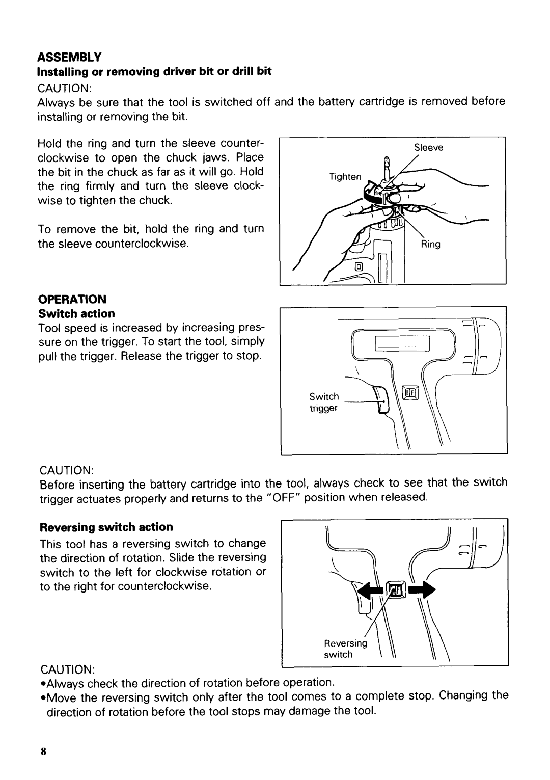 Makita 6222DE instruction manual Installingor removing driver bit or drill bit, Switch action, Reversing switch action 