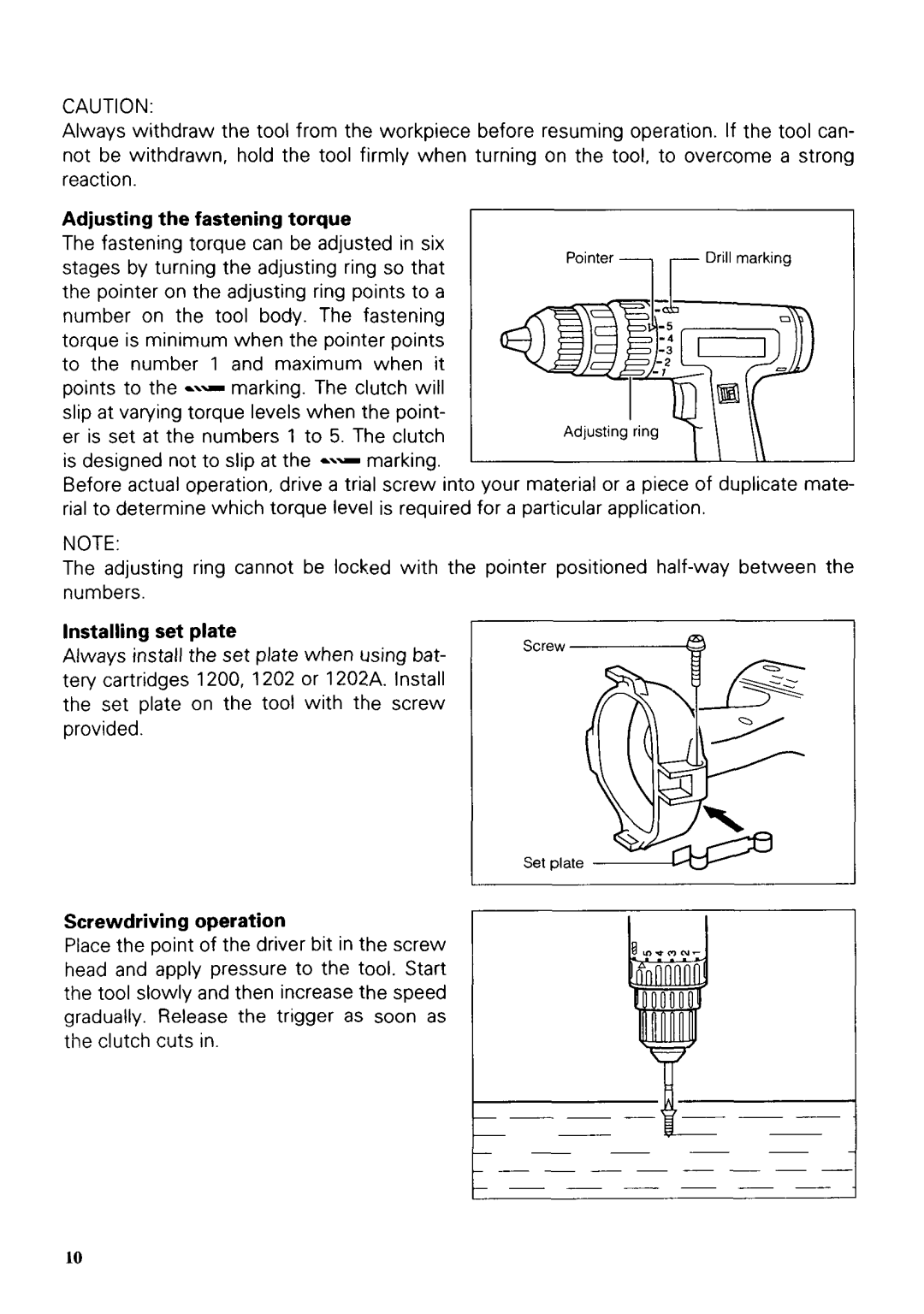 Makita 6223DWE, 6223DE instruction manual Adjusting the fastening torque, Installing set plate, Screwdriving operation 