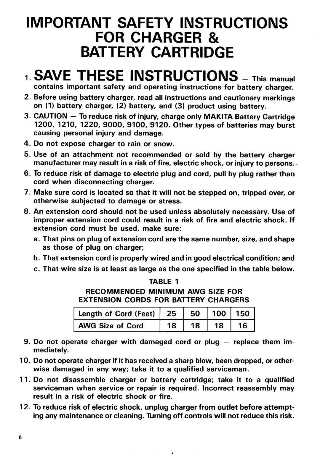 Makita 6223DWE, 6223DE instruction manual Important Safety Instructions For Charger 