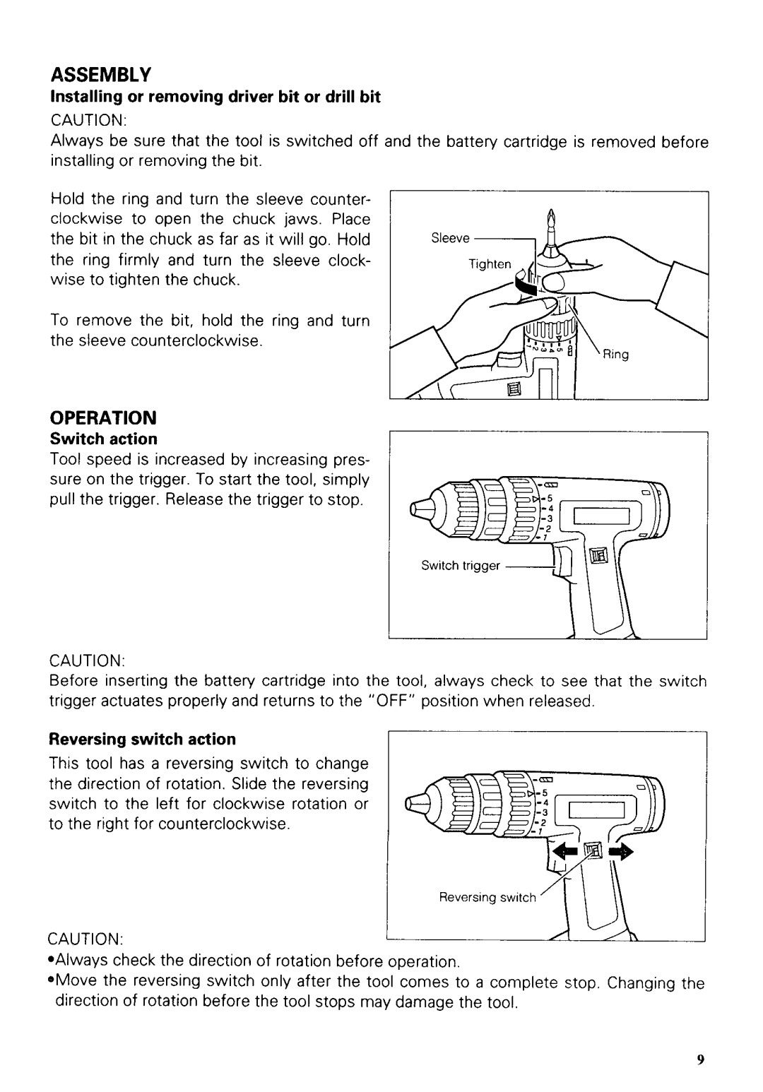 Makita 6223DE, 6223DWE Installing or removing driver bit or drill bit, Switch action, Reversing switch action 