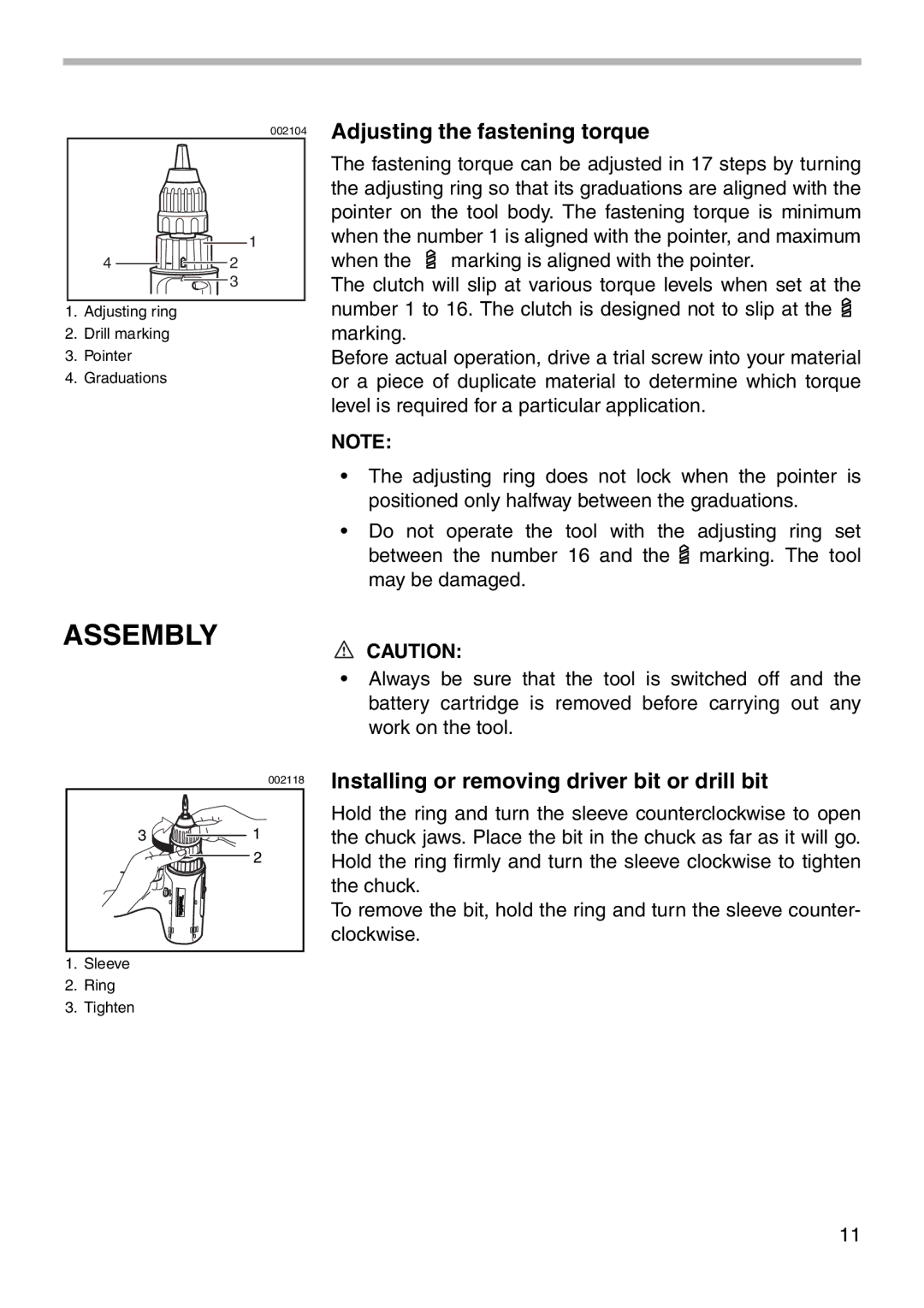 Makita 6228D, 6226D, 6227D Assembly, Adjusting the fastening torque, Installing or removing driver bit or drill bit 