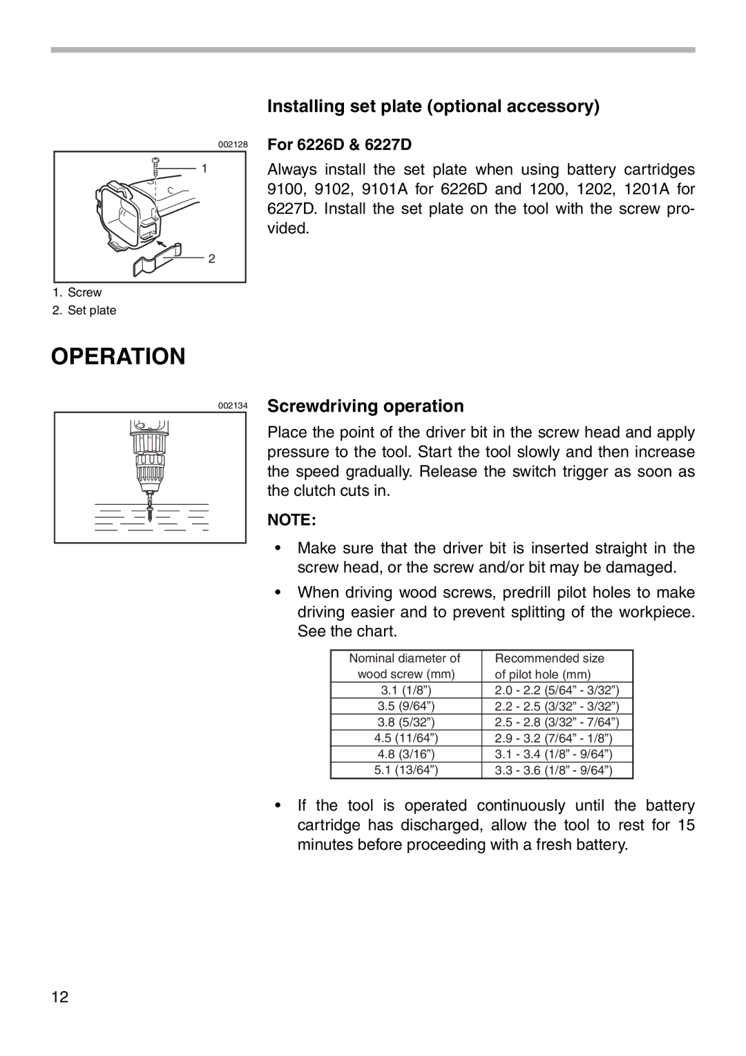 Makita 6228D Operation, Installing set plate optional accessory, Screwdriving operation, For 6226D & 6227D 