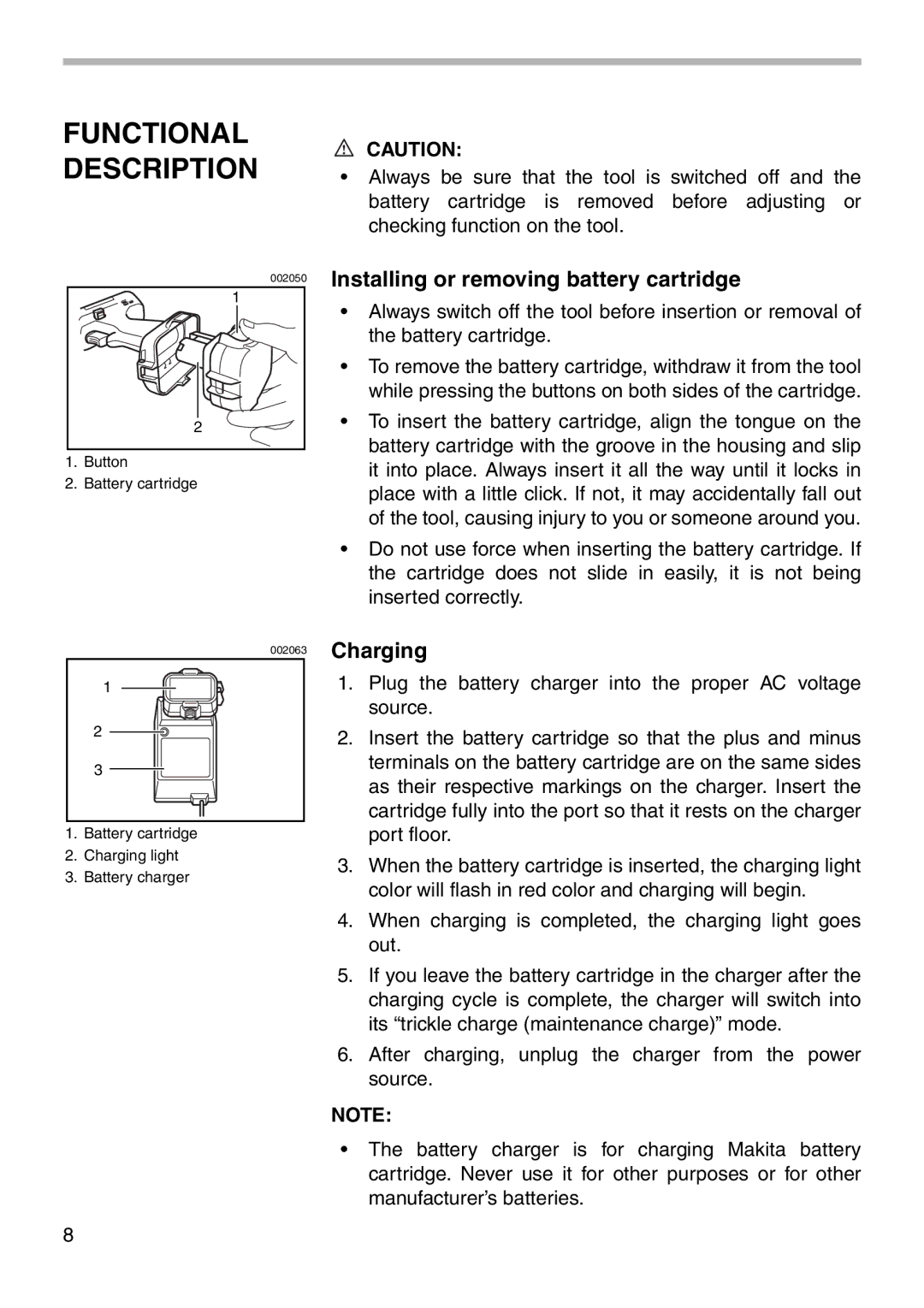 Makita 6228D, 6226D, 6227D instruction manual Functional Description, Installing or removing battery cartridge, Charging 